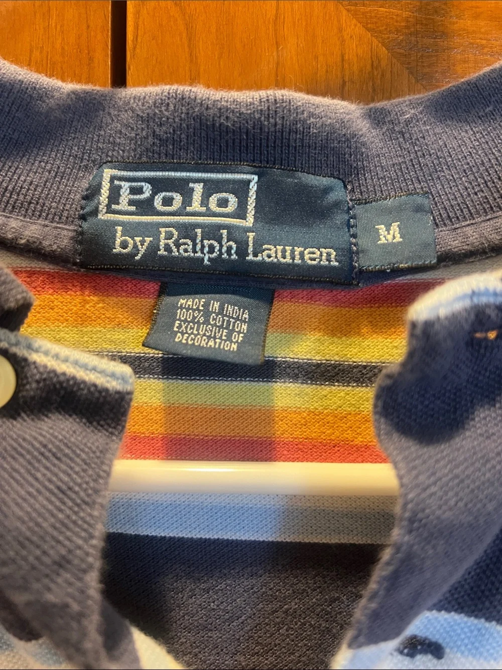 Polo by Ralph Lauren Navy Polo with Yellow, Red and Light Blue Stripes Medium